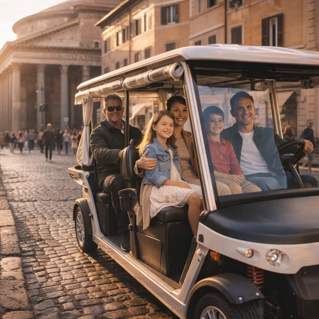 Family in an electric golf cart with a local guide near the Pantheon in Rome