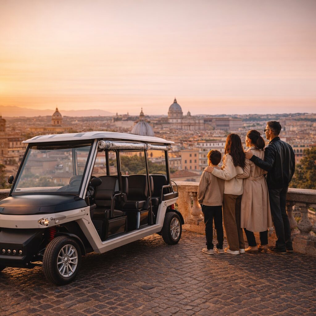 Family admiring panoramic Rome viewpoints beside an electric golf cart at sunset