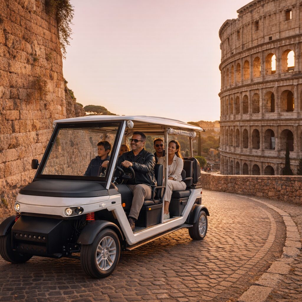 Electric golf cart passing near the Colosseum during a private Rome sightseeing tour