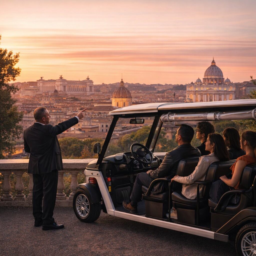 Local guide and guests at a panoramic Rome viewpoint during a private golf cart tour