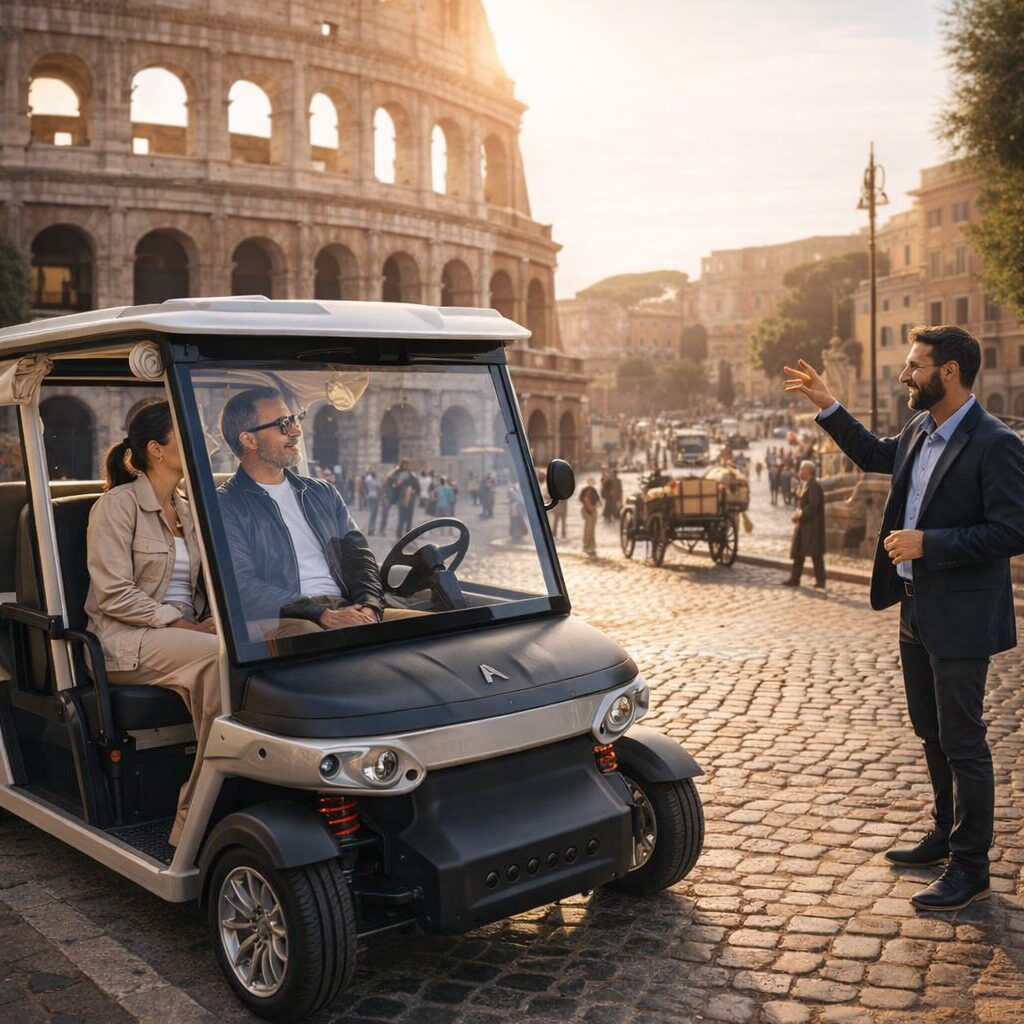Private electric golf cart by the Colosseum with a local guide and travelers
