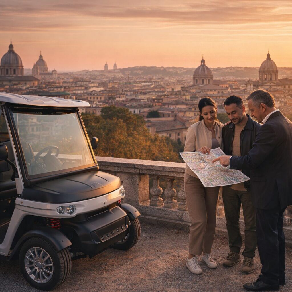 Planning a private Rome golf cart route at a panoramic viewpoint.